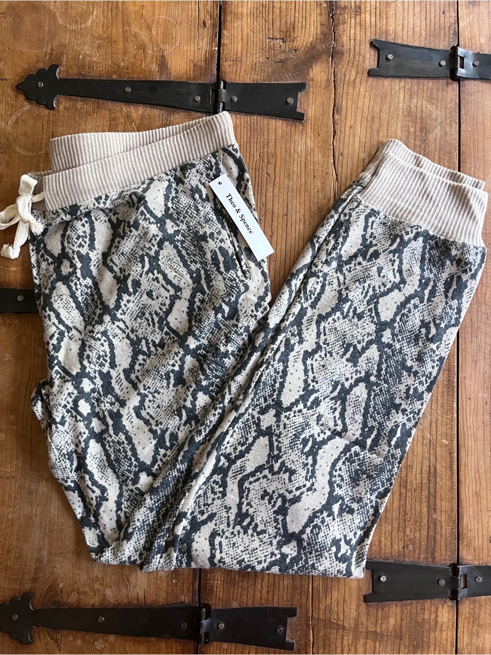 Snake-Print Jogger Pants in Beige & Black